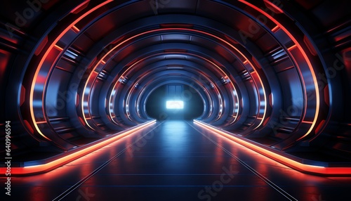 Red Blue Tunnel Corridor Hangar Hallway Warehouse Underground Studio Showroom 3D Illustration
