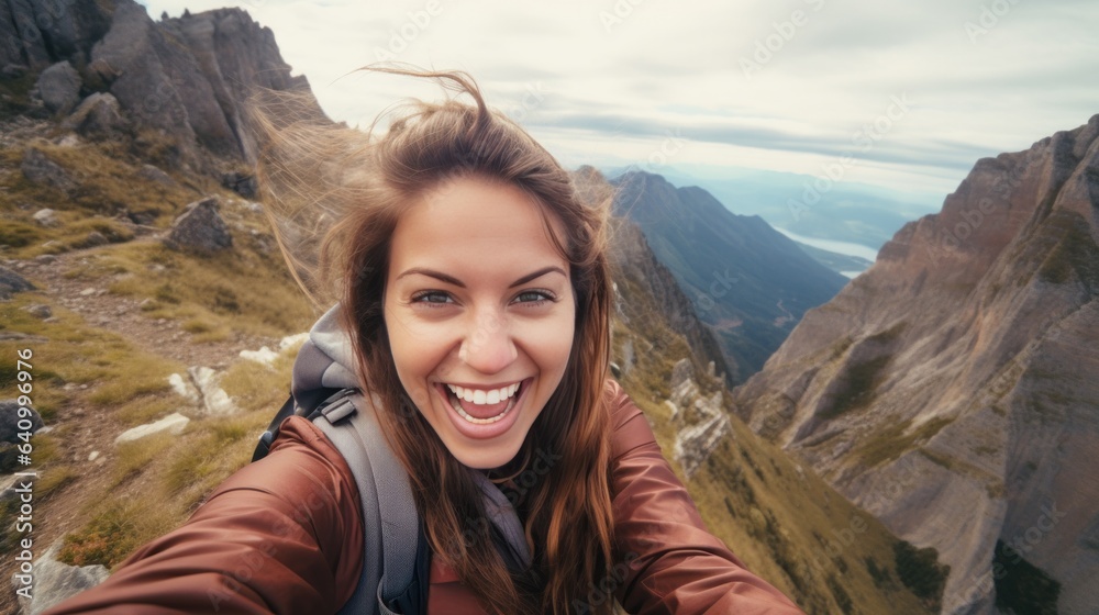 Young woman traveler taking selfie on hills with mountains Happy and smiling hiker taking a selfie on the top of the mountain.