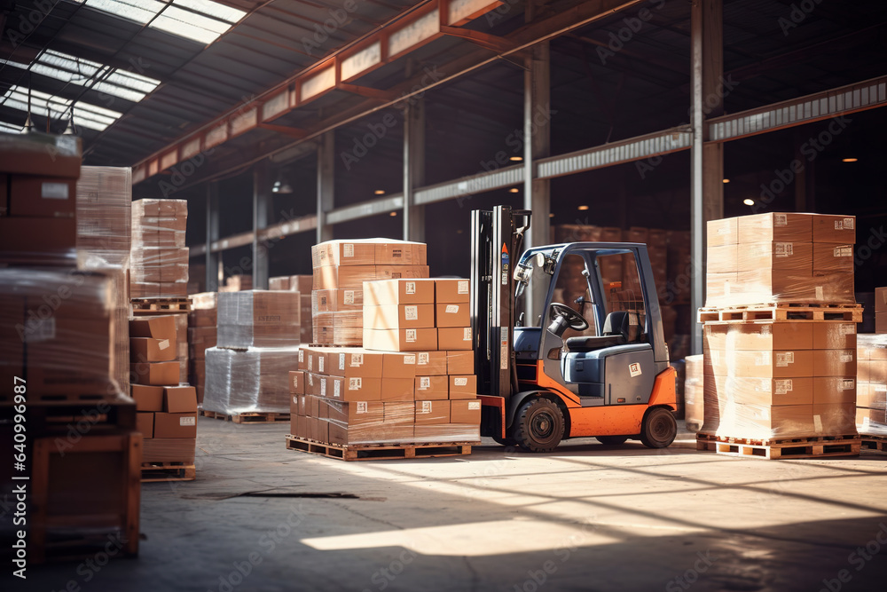 Forklift loads pallets and boxes in warehouse