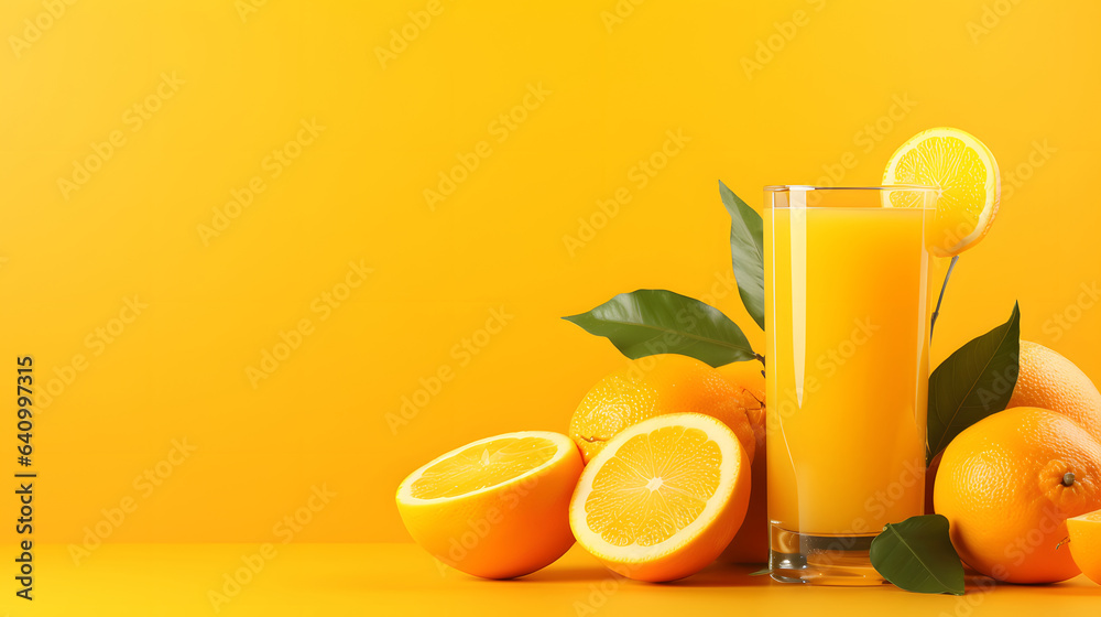 orange juice with fresh fruit on yellow background orange juice with fresh fruit on yellow background