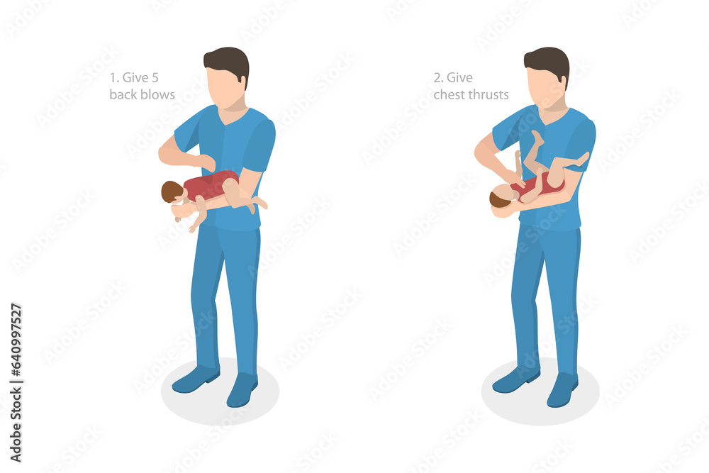 3D Isometric Flat  Conceptual Illustration of Choking Baby First Aid, Heimlich Maneuver Procedure