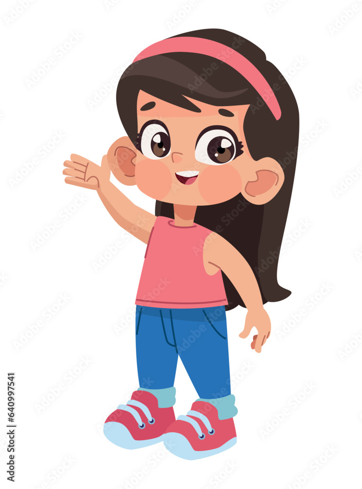 cartoon girl waving hand, icon isolated