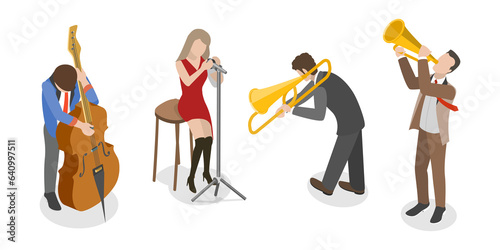 Sticker 3D Isometric Flat  Conceptual Illustration of Jazz Band, Festival Orchestra Perf