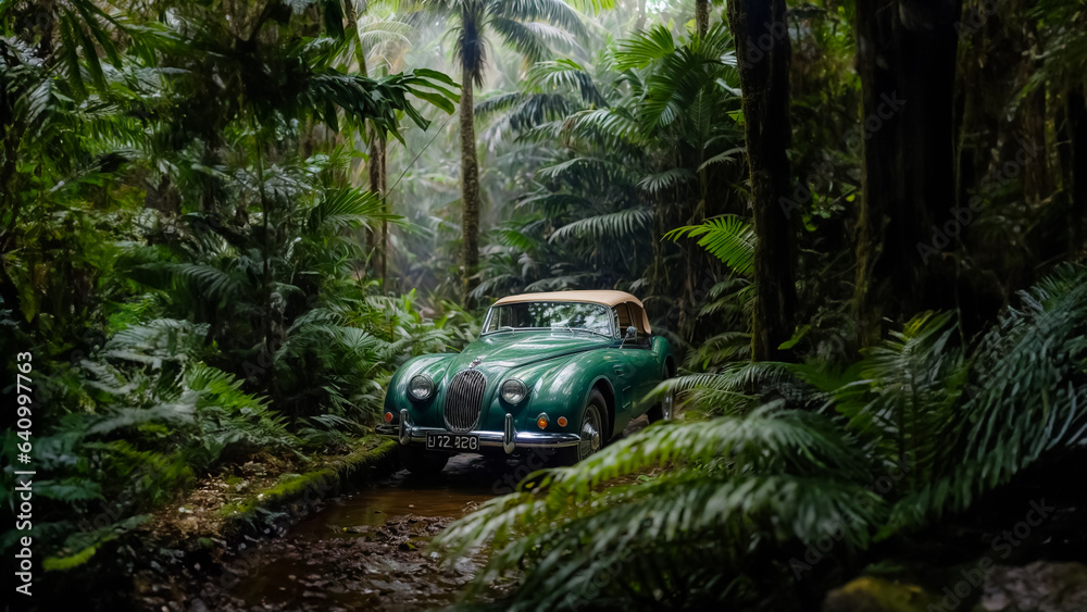 SS Jaguar 100 in the Amazon rain forest, lush vegetation, leaves in the foreground, dense forest
