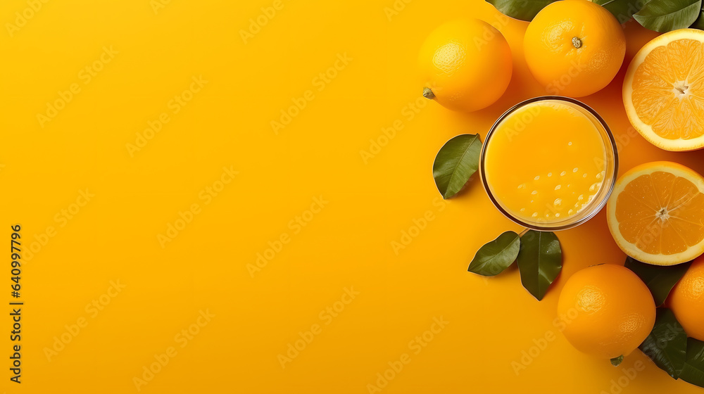 orange juice with fresh fruit on yellow background - obrazy, fototapety, plakaty 