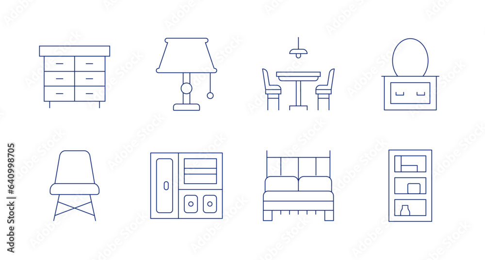 Home furniture icons. editable stroke. Containing cabinet, chair, table lamp, wardrobe, dining table, double bed, mirror, shelf.