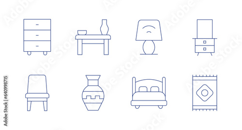 Home furniture icons. editable stroke. Containing cabinet, chair, table, vase, desk lamp, double bed, mirror, rug.