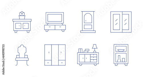 Home furniture icons. editable stroke. Containing cabinet, chair, tv, wardrobe, door, drawer, shelving, window.