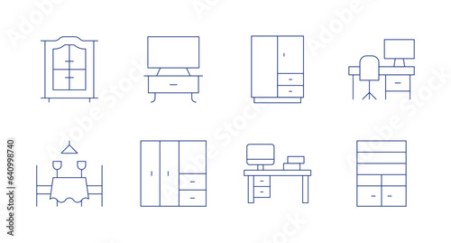 Home furniture icons. editable stroke. Containing cabinet, chair, tv, wardrobe, workspace, office, shelving.
