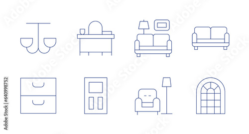 Home furniture icons. editable stroke. Containing ceiling light, chest of drawers, desk, door, living room, rest, window, sofa.