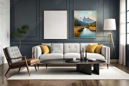 Mockup frame in farmhouse living room interior, 3d render