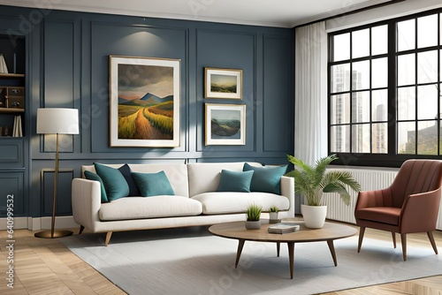 Mockup frame in farmhouse living room interior  3d render. Modern living room