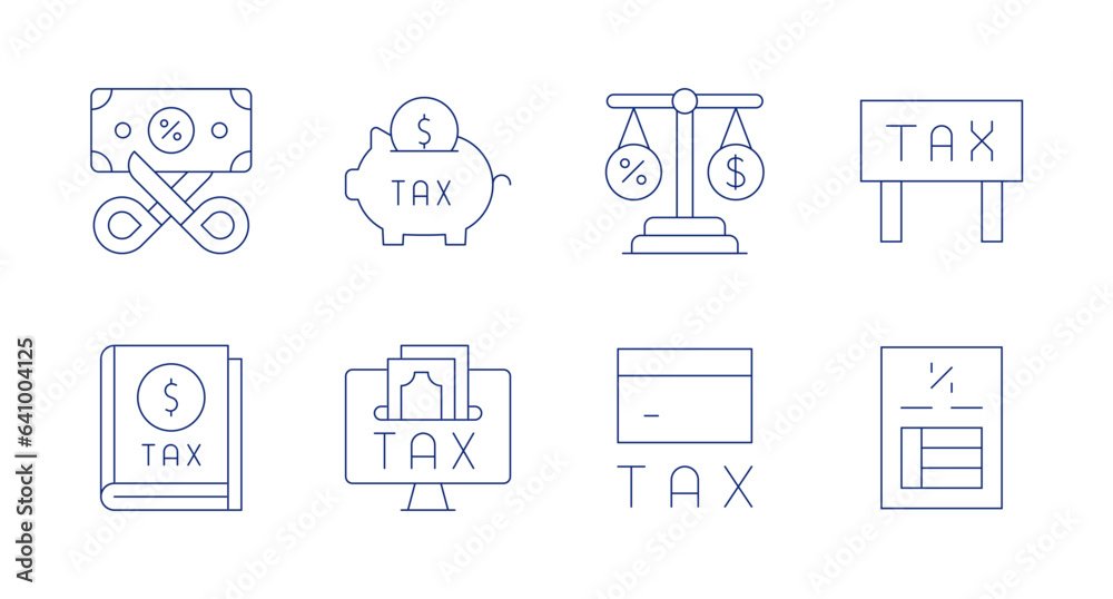 Tax icons. editable stroke. Containing savings, online payment, tax, credit card, balance.