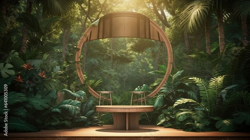 bright wooden podium set amidst a lush tropical forest.generative ai