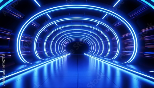 Sci Fi Modern Dark Led Tubes Neon Glowing Blue Tunnel Corridor Illustration