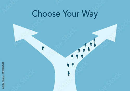 People choose their way and solution conceptual in flat design. One people versus many people concept.