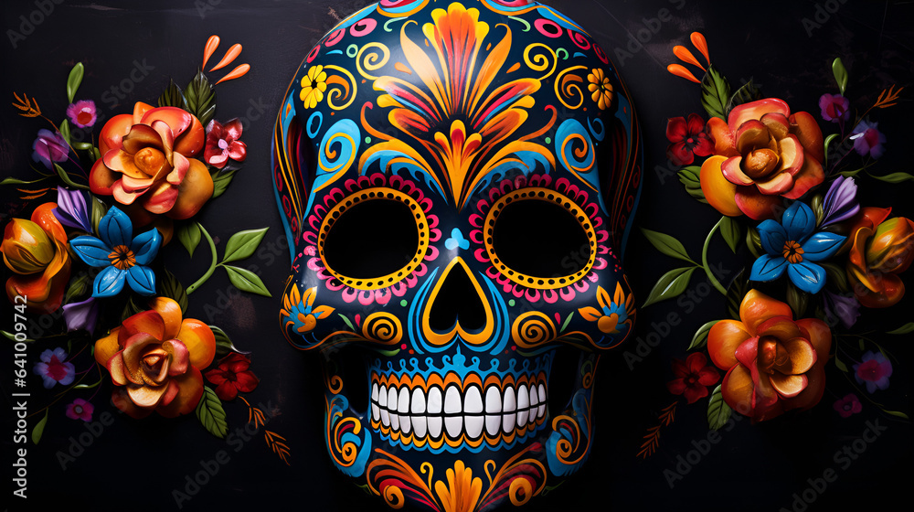 Day of the Dead painted skull Mexico colorful holiday festive background wallpaper 16:9. Generative AI