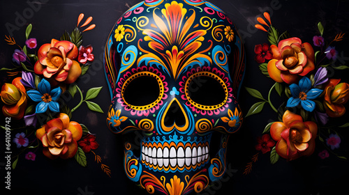 Day of the Dead painted skull Mexico colorful holiday festive background wallpaper 16:9. Generative AI