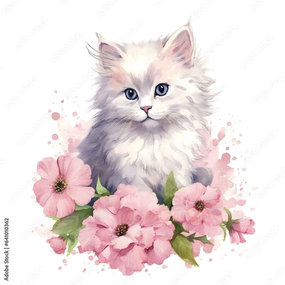 Fototapeta Kitten with pink flowers isolate on white background, watercolor style.