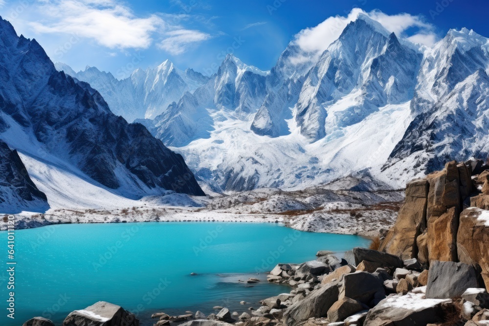 Turquoise lake surrounded by snow-capped mountains, perfect for outdoor adventure and stunning views.