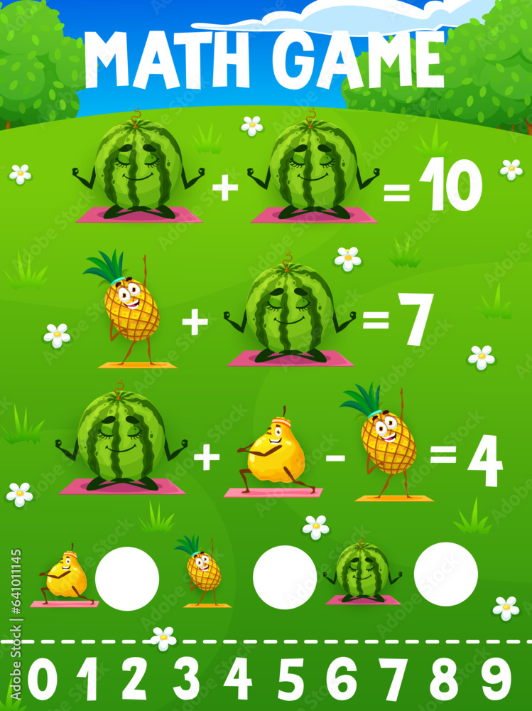 Math game worksheet cartoon fruit characters on yoga fitness. Vector ...
