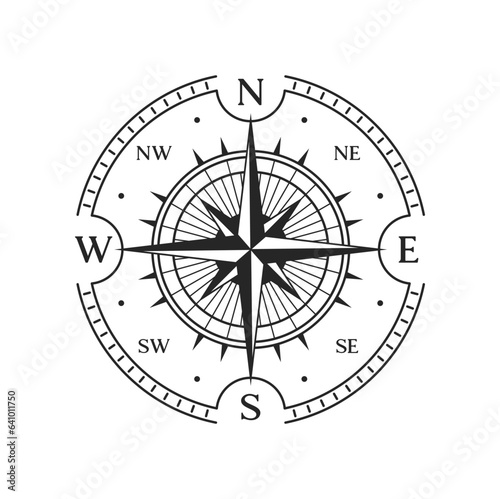 Old compass, vintage map wind rose star with east, west north and south arrow directions, vector symbol. Marine navigation and nautical travel compass or windrose of sail cartography and seafaring