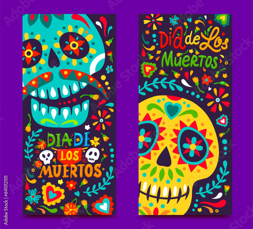 Dia de los Muertos banners with tropical flowers and calavera skulls. Dia de Los Muertos holiday carnival banner vector backdrop with ornate colorful sugar skull, marigold tropical flower pattern