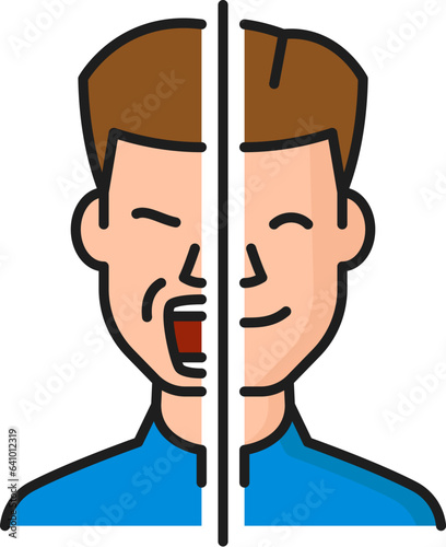 Bipolar disorder psychological disorder problem, mental health icon depicting person with face separated on high and low emotional spectrum. Isolated vector linear sign representing different moods