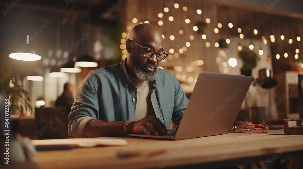 Black businessman sitting at the office table working on laptop computer at night of working late by generative AI illustration. Black businessman sitting at the office table working on laptop computer at night of working late by generative AI illustration.