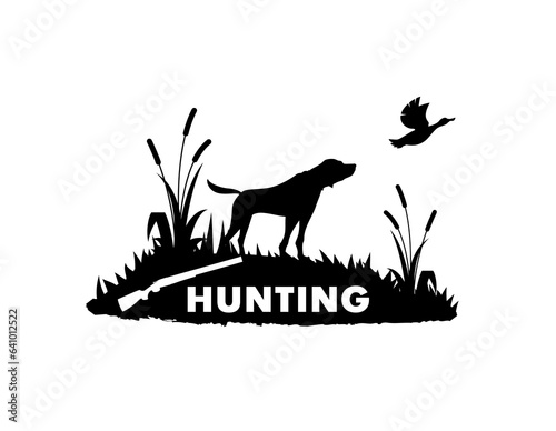 Hunting emblem. Dog silhouette with flying duck and gunshot. Bird hunting sport  shooting hobby or animal hunt season vector banner with pointer or hound dog on meadow  flying duck and rifle