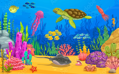 Cartoon sea animals, turtle, stingray, jellyfish and fish shoal in underwater ocean landscape, vector game level. Undersea background with coral reef underwater world, tropical fishes and seashells