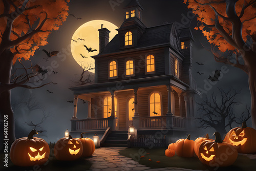 Halloween scene horror background with creepy pumpkins of spooky Halloween haunted mansion Evil housesat night with full moon | Generative AI