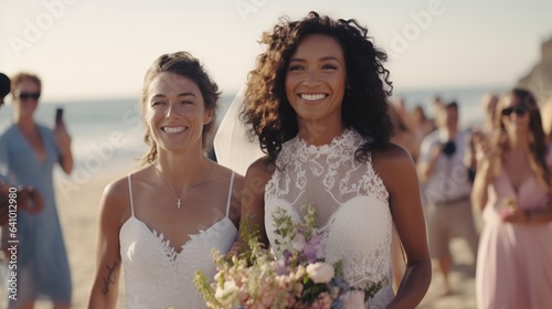 Portrait of lesbian couple looking at camera with relationship goals by AI generate.