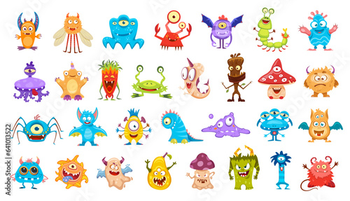 Cartoon cute funny monster characters. Cute bacteria, alien bug or insect, spooky bat, crab, fantastic octopus, fairy mushroom and spider, slime monster, stump and devil isolated vector personages © Vector Tradition