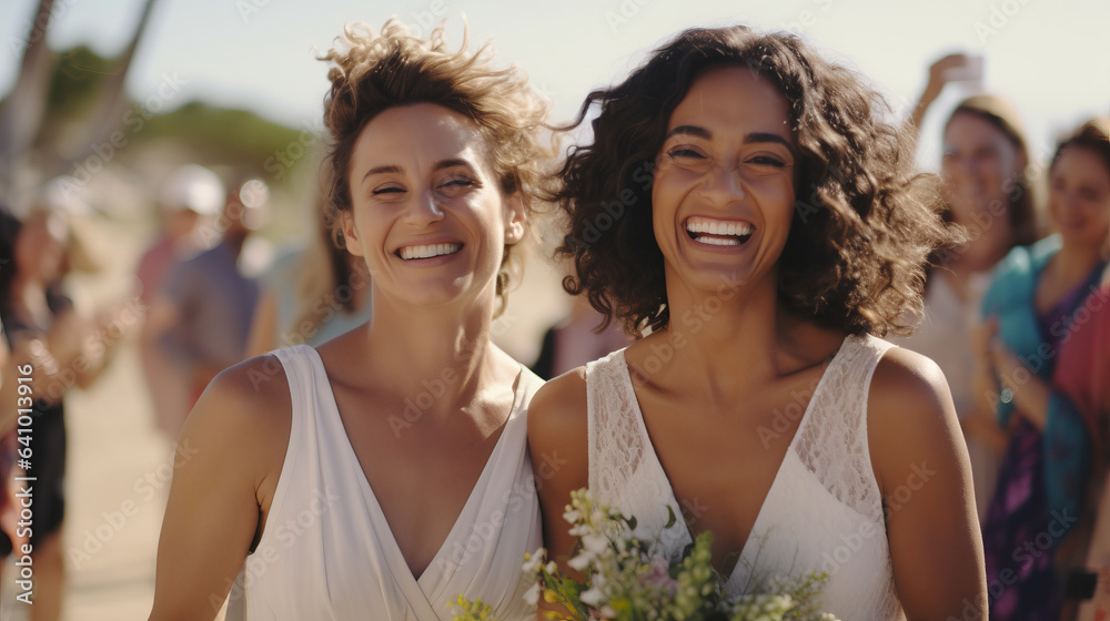 Portrait of lesbian couple looking at camera with relationship goals by AI generate. Portrait of lesbian couple looking at camera with relationship goals by AI generate.