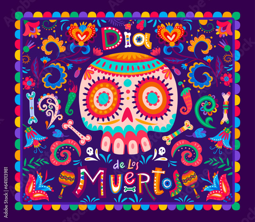 Dia de los Muertos mexican holiday banner. Tropical flowers, calavera sugar skull and maracas. Mexico traditional festival banner or vector poster with ornate skull, bones, chili, flowers pattern