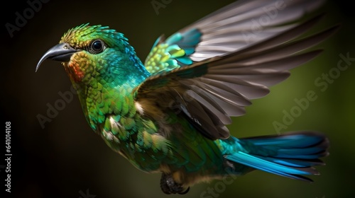 Green Humming birds flapping its wings quickly in the air to find flower nectar nature background. Generative AI technology.