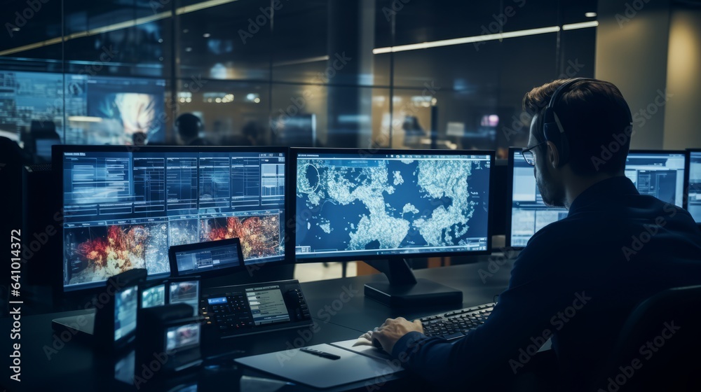 Engineer working on computer monitor in data center system control room by AI generate. Engineer working on computer monitor in data center system control room by AI generate.