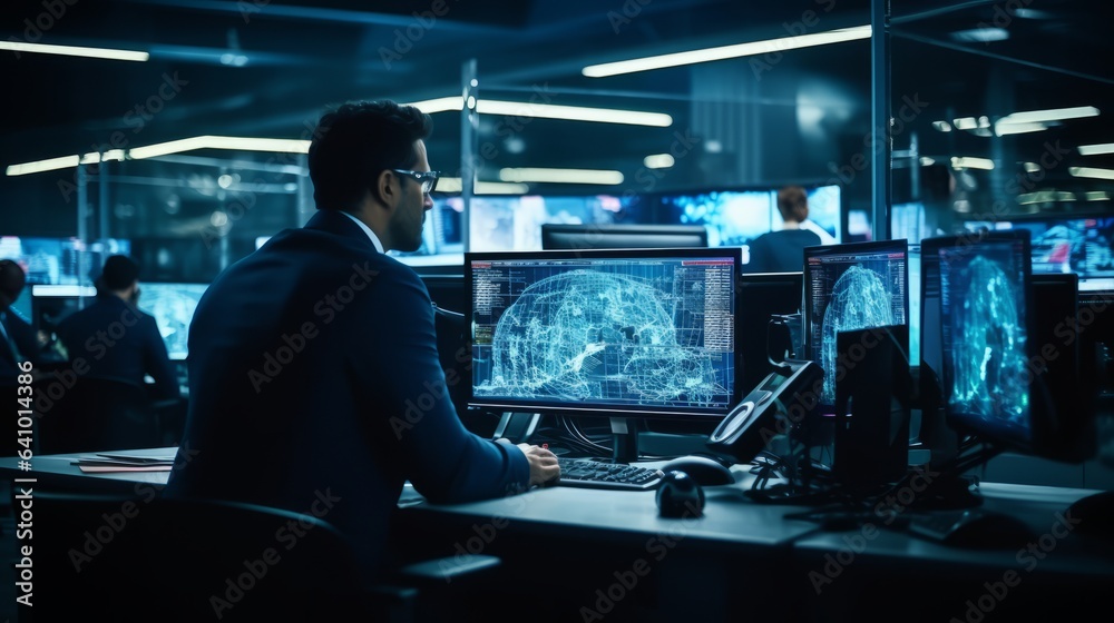 Engineer working on computer monitor in data center system control room by AI generate.