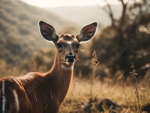 Close up of red deer in the nature looking at the camera. Generative AI technology.