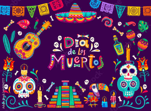 Dia de los Muertos banner. Day of the Dead calavera skulls  candles and papel picado flags. Mexican culture festival poster  vector backdrop with inca pyramid  ornate sugar skull  guitar and sombrero