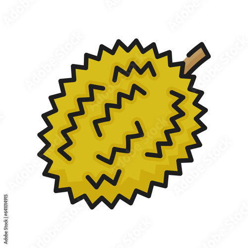 Yellow tropical durian exotic fruit isolated food dessert color line icon. Vector smelling fruit, outline breadfruit jackfruit with spikes, vegetarian snack