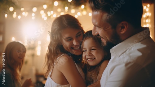 Portrait of happy family with daughter having fun together outside at night by AI generate.