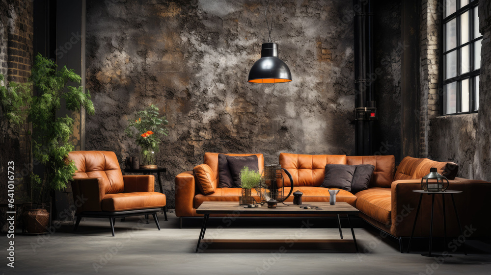 Industrial loft living room interior with sofa,chair and brick wall.generative ai