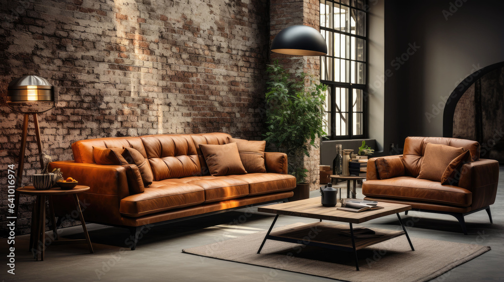 Industrial loft living room interior with sofa,chair and brick wall.generative ai Industrial loft living room interior with sofa,chair and brick wall.generative ai
