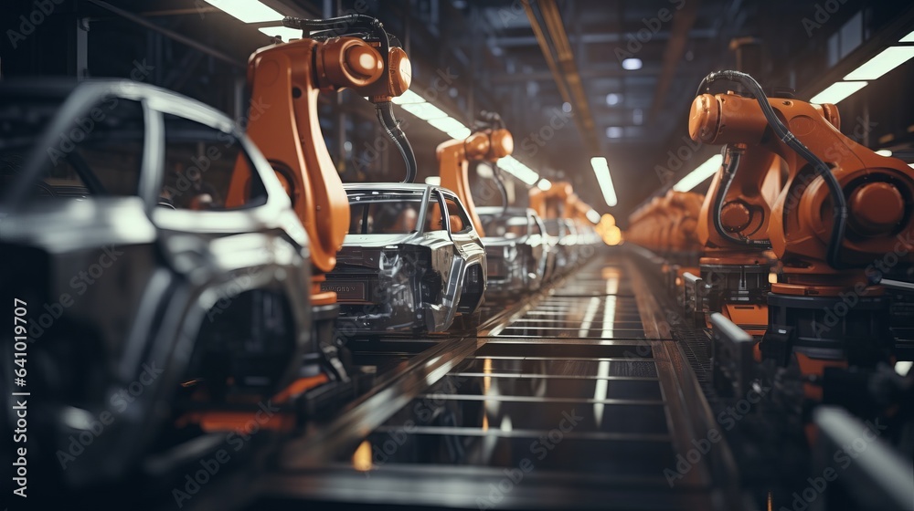Robot arm on the automobile line production by AI generate. - obrazy, fototapety, plakaty 