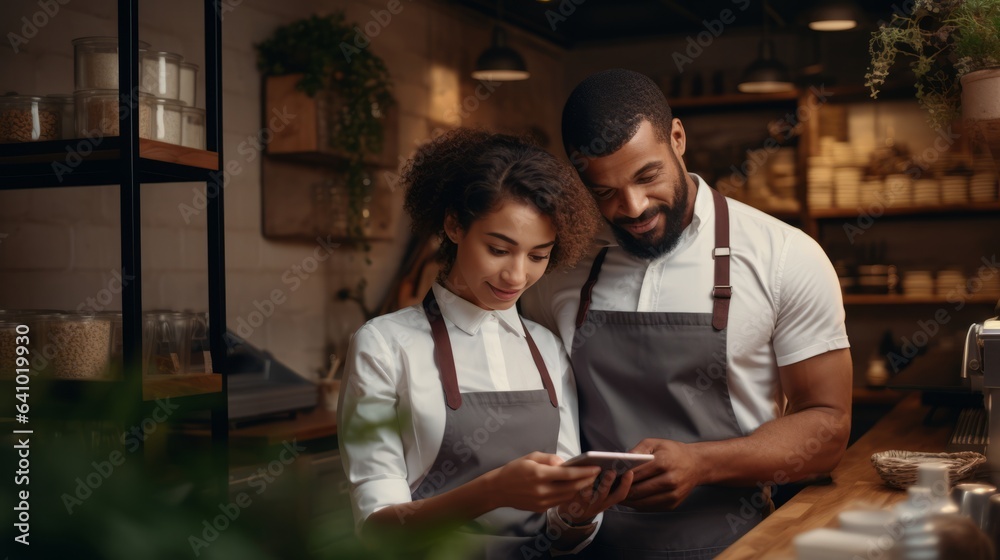 Small business owners working orders on tablet computer in restaurant by AI generate. Small business owners working orders on tablet computer in restaurant by AI generate.