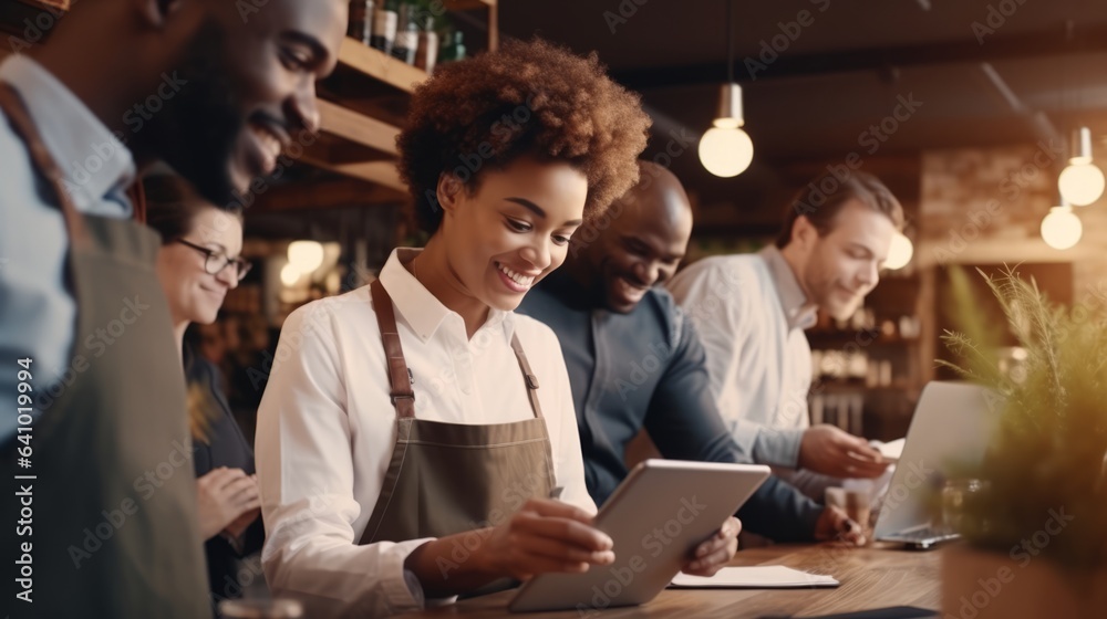 Small business owners working orders on tablet computer in restaurant by AI generate. Small business owners working orders on tablet computer in restaurant by AI generate.
