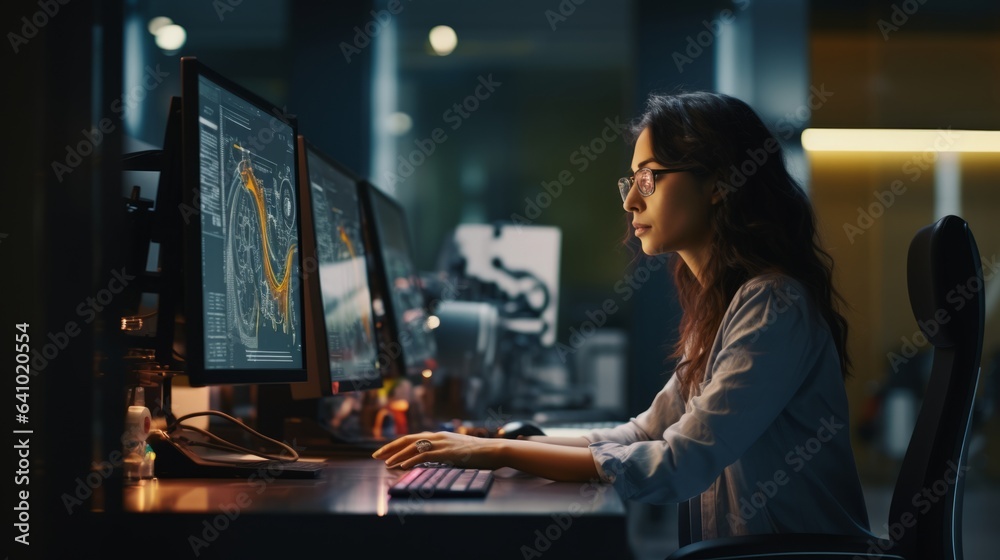 Businesswoman sitting at the office table working on computer at night of working late by generative AI illustration.