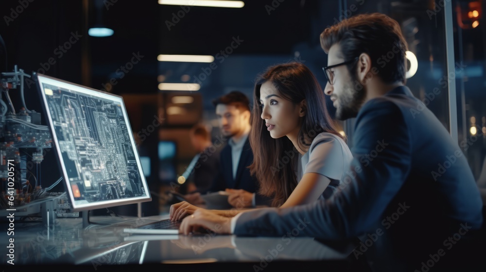 Business team sitting at the office table working on computer at night of working late together by generative AI illustration.